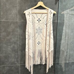 Fringe Cutout Boho Vest in Light Beige